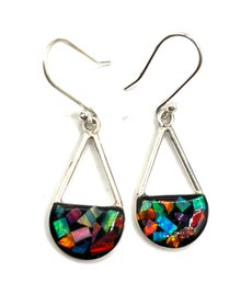 Beautiful Mexican Sterling Silver Opal Mosaic Inlay Dangle Earrings