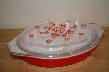 Vintage Friendship Birds Pyrex One Quart Divided Casserole Dish With Lid