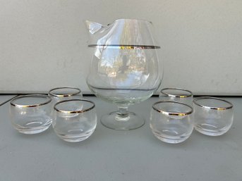 Vintage MCM Cocktail Decanter And 6 Cocktail Glasses With Silver Rim Barware