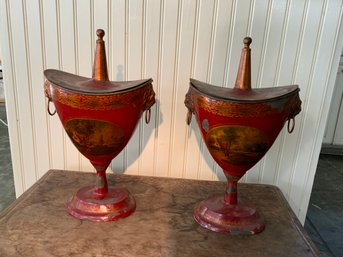 Pair 19th C. Red Tole Decorated Lion Head Chestnut Urns