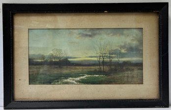Antique Vintage Old Print Landscape - Marsh Trees  Scene- Edwin Lamasure - 9 X 13.75 Framed & Matted