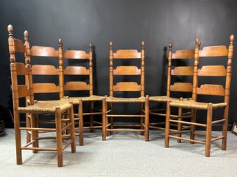 A Great Set Of Vintage Ladderback Chairs With Rush Seats