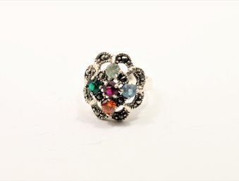 Sterling Silver Marcasite Multi Gemstone Ring Size 6