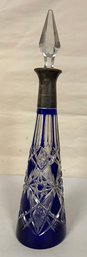 Vintage Bohemian Czech Glass Cut To Clean Cobalt Blue Decanter With Tall Faceted Stopper. MB - E2