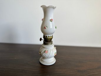 Mini White Milk Glass Vintage Oil Lamp With Rose Flowers