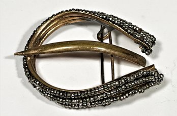 Victorian Gold Tone Brass Buckle Formed Brooch Having Steel Beads