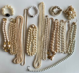 12 Vintage Faux Pearl Necklaces By Carolee, Yosca, KJL & More, 3 Bracelets & Loose Faux Pearls