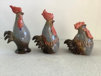 Pottery Glazed Roosters Set Of 3