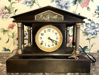 Ansonia Clock Co. Antique Ebonized Wood Mantle Clock W Brass Columns & Pediment W Key- Time & Strike Movement