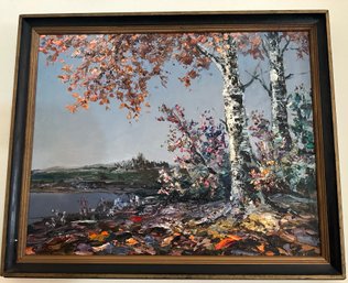 Oil Painting Of Birch Tree By Lake, Unsigned