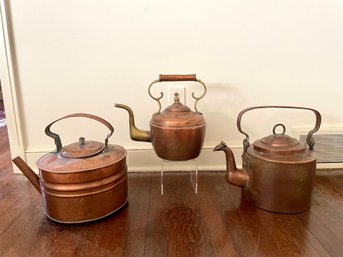 Trio Of Antique Copper Kettles