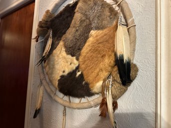 Large Vintage  Native American Dream Catcher With Real Fur, Hide And Feathers