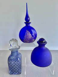 Lot Of 3 Cobalt Blue/blue Glass Perfume Bottles