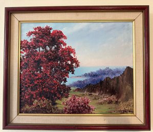 Scenic Oil Painting Signed Lebedeff Of Red Leaf Tree Overlooking The Water