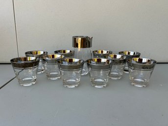 Vintage Set Of 10 Low Boy Style Cocktail Glasses With Silver Rim And Decanter/Carafe MCM