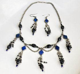 A Vintage Southwestern Silver Necklace And Earring Set With Lapis Accents