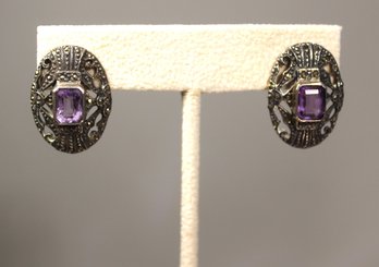 STERLING SILVER OVAL PIERCED EARRINGS GENUINE AMETHYST AND MARCASITE EARRINGS