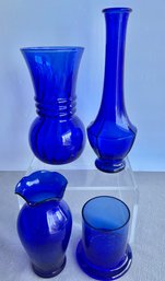 Lot Of 4 Cobalt Blue Glass Vases- Tallest Is 8'