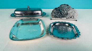 Silverplate Table Pieces - Trays, Napkin Holder And Butter Dish