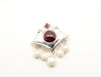 Sterling Silver Bomac Garnet And Pearl Pin Brooch