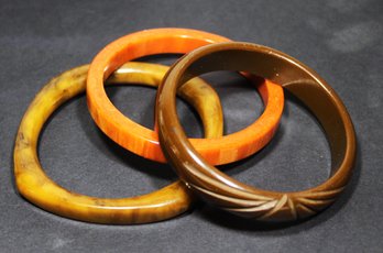 Lot Of Three Vintage Genuine Bakelite Plastic Butterscotch, Brown Bangle Bracelets