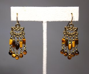 Gold Tone Pierced Earrings Tiger's Eye Stones