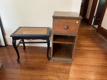 A ONE DRAWER STAND, A VICTORIAN CHAIR, AND BOOKSHELVES