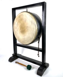 1920s Chinese Animal Hide Ceremonial Taiko Drum On Stand With Striking Mallet