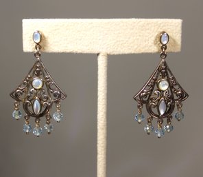 VERY PRETTY STERLING SILVER PIERCED EARRINGS HAVING BLUE COLORED MOONSTONES