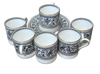 Stunning Wedgwood Bone China 'florentine' Black Dragon Pattern Set Of 6 Demitasse Cups - DISCONTINUED!