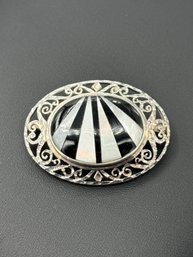 Gorgeous Black Onyx Mother Of Pearl Modern Brooch In Sterling Silver