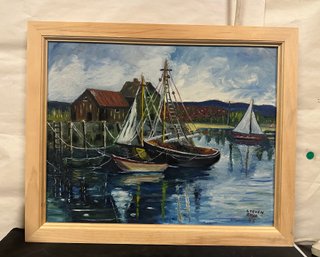 Beautiful Oil Painting Of Sailboats Docked In The Bay - Signed By The Artist Steven Boyo '45       TT/WA-B