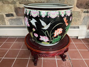 Large Chinese Porcelain Fish Bowl Jardiniere  With Stand