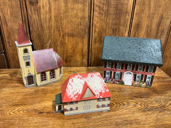 3 Wooden Miniature Hand Painted Cottage And Vintage Church Lot ~ Carol Anderson ~