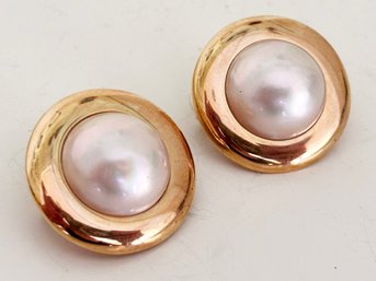 A Pair Of Large Pearl Clip Earrings In 14K Gold Setting