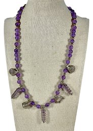 Very Fine Sterling Silver And Genuine Amethyst Beaded Necklace