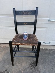 Antique Child's Side Chair With Original Rush Seat. Original Decoration On Back Slats.