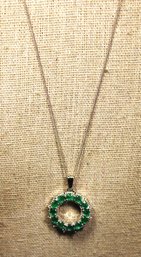 Fine Sterling Silver Genuine Emerald Circular Pendant 20' Long Chain