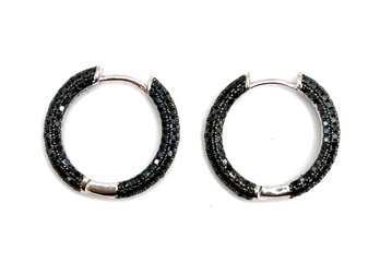 Vintage Sterling Silver Onyx Color Stones Hoop Earrings