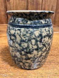 Vintage Signed Salt Glazed Blue Sponge Ware Crock JB