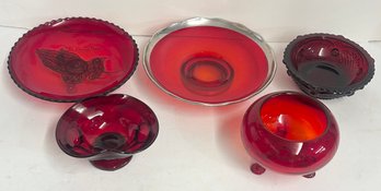 Lot Of Decorative Cranberry Glass Bowls & Footed Dishes