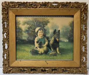 Antique Ornate Framed Old Print - Pals - Boy & His German Shepherd Puppy Dogs - Alfred Guillon - 16.75 X 19.75