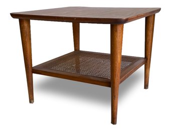 MId Century Lane Side Table With Woven Mesh Shelf, Tapered Legs.  1038 18