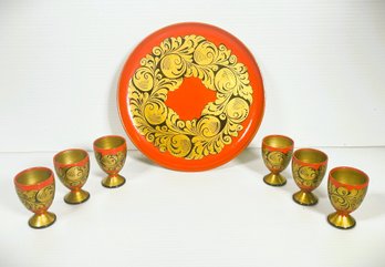 Russian Hand Painted Lacquer Wood Tray And Six Cups