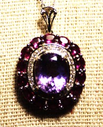 Fine Sterling Silver 20' Long Chain Necklace Amethyst And Garnet Pendant