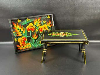 A Vintage Pennsylvania Dutch Step Stool & Compatible Painted Tray