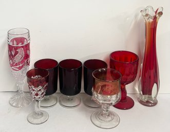 Lot Of Cranberry Glass Decor