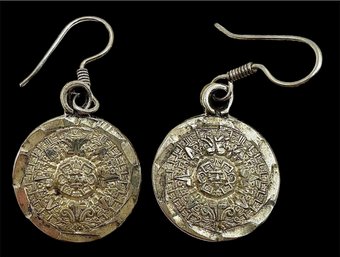 Vintage Sterling Silver Mexican Aztec Mayan Calendar Dangle Earrings