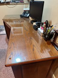 Large Solid Oak Angular Office Desk With Glass Top