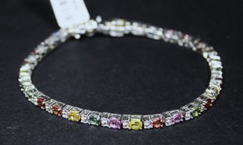 Fine Sterling Silver Multi Colored Genuine Gemstone Bracelet 925